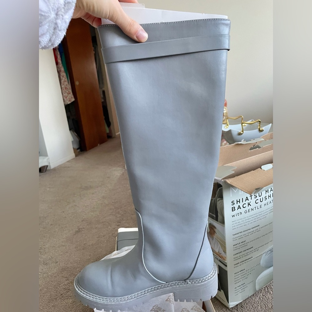 Grey Knee High Faux Leather Boots